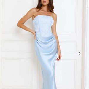 HELLO MOLLY DRESSED TO DAZZLE STRAPLESS SATIN MAXI DRESS BLUE